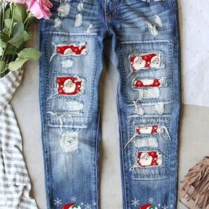 Women’s Blue Distressed Jeans with Santa Print